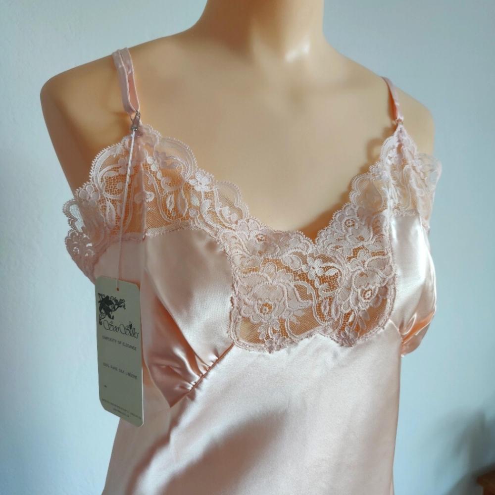 NWT Vintage Silk Slip Dress | Satin Pink Lingerie Nightgown | Lace Chemise - Picture 2 of 5